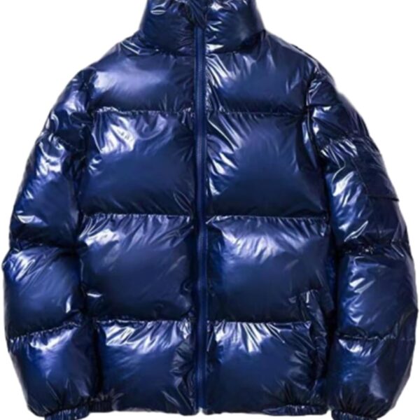 Men's Metallic Shiny Puffer Jacket Full Zip Short Warm Cotton Down Jackets Long Sleeve Solid Color Quilted Overcoat