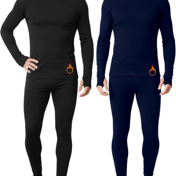 2 Pack Mens Thermal Underwear Fleece Lined Underwear Shirt and Pants Set Base Layer Top Bottom Cold Weather Winter
