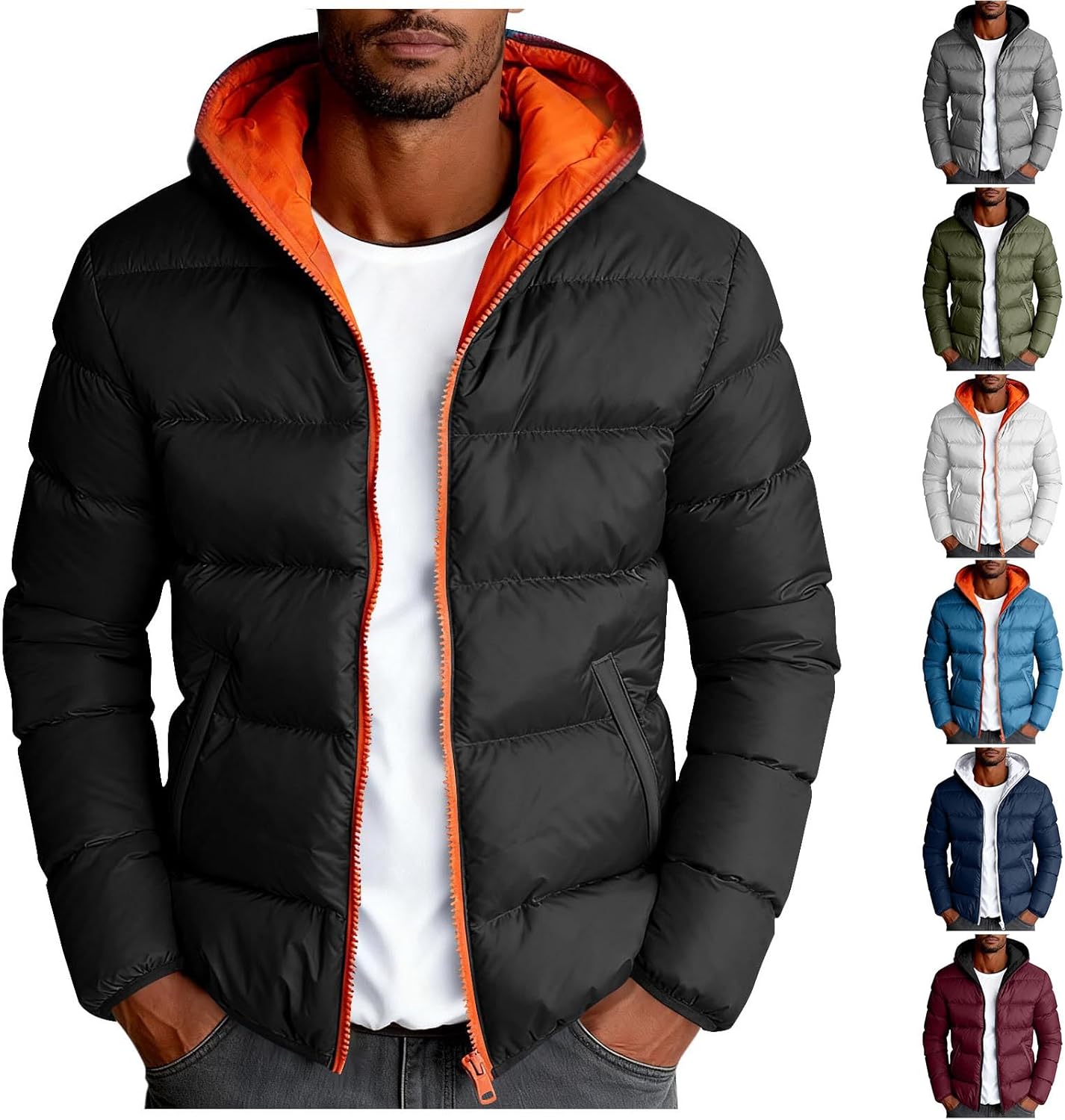 Puffer Jacket for Men Packable Quilted Down Jackets Waterproof Full Zip Up Hooded Jacket Padded Coat Warm Winter Coats