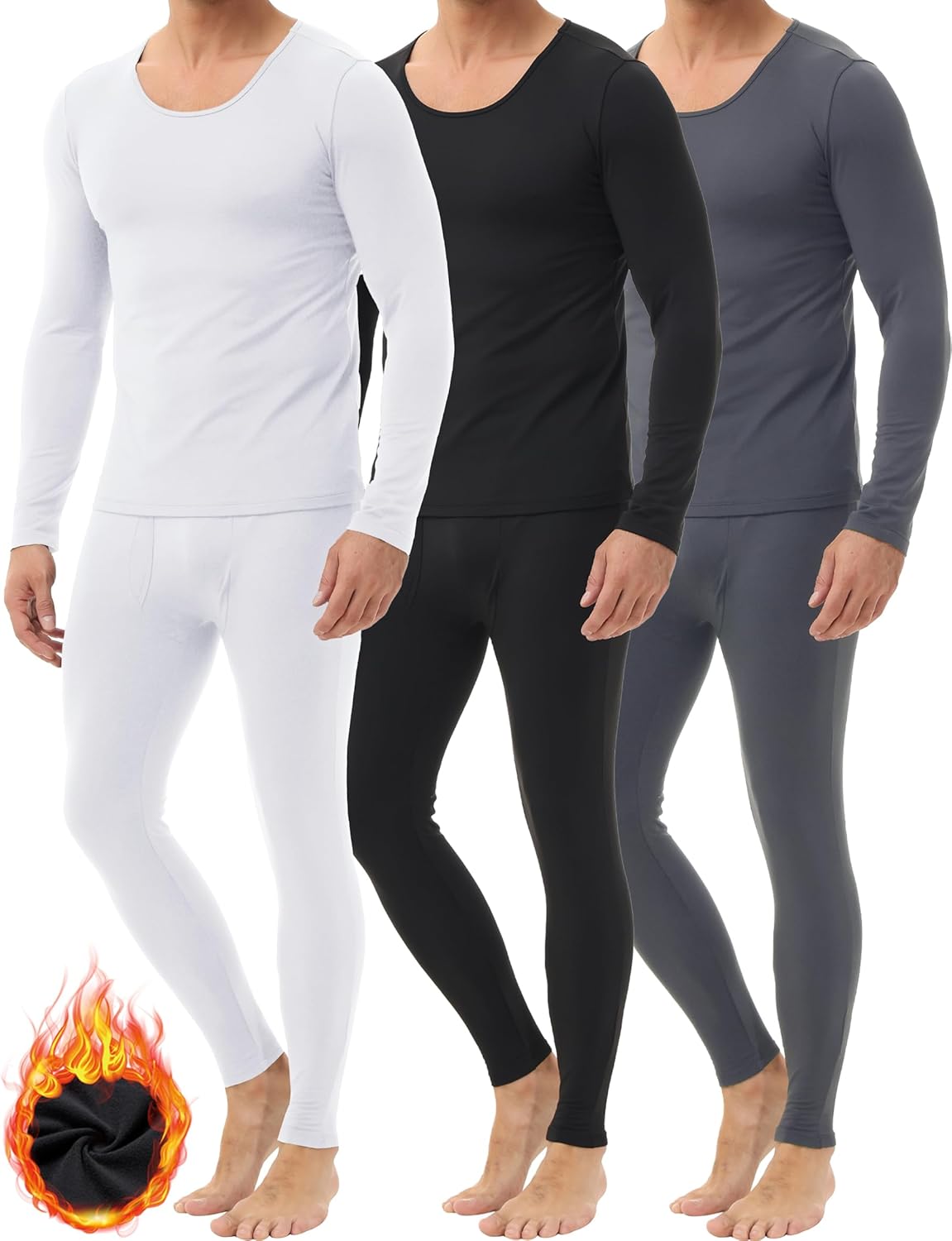 3 Pack Thermal Underwear for Men Long Johns Fleece Lined Soft and Warm Set Base Layer for Cold Weather